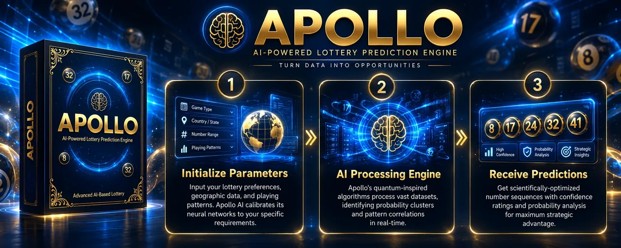 Apollo AI process: initialize parameters, AI processing engine, receive a number set