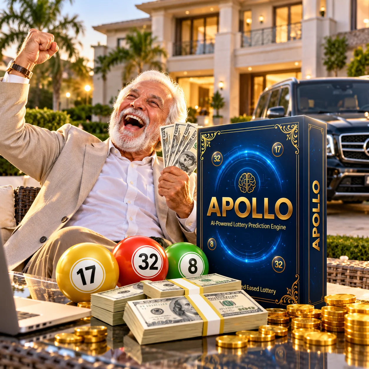 Apollo AI box with lottery number balls in the background